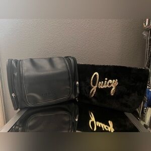 Juicy Couture Black Fuzzy Makeup Bag with Gold Sequins and GUESS Toiletry Bag